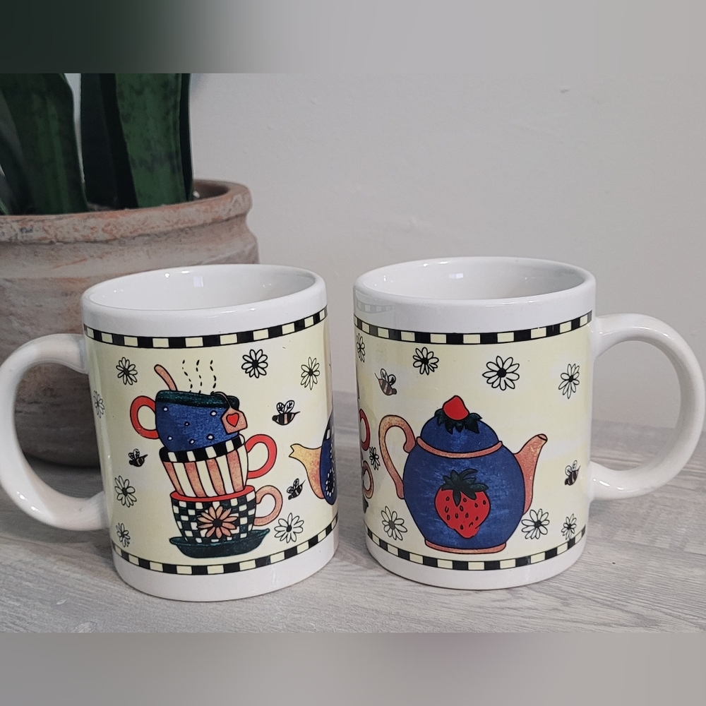 TIPSY TEACUPS Vintage Debbie Mumm Ceramic Mugs - Cups / Set of 2 / 12ozs